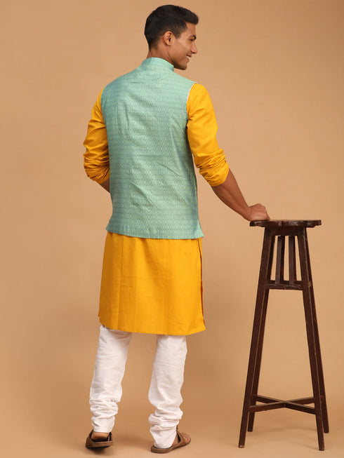 Men's Green Jacquard Nehru Jacket With Kurta Pyjama Set